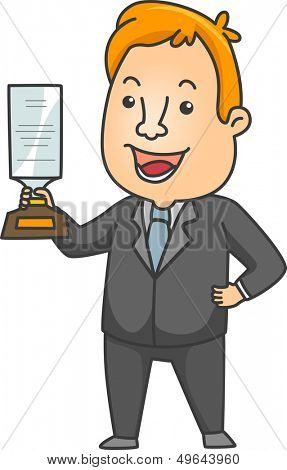 Illustration of a Man in a Business Suit Proudly Holding a Plaque