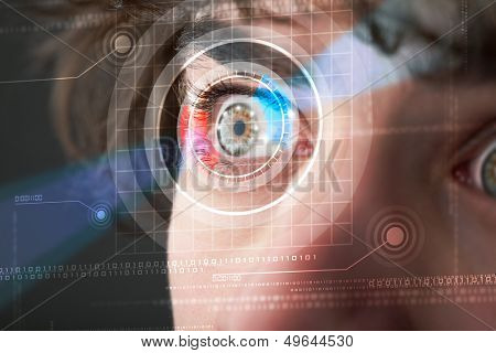 Modern cyber man with technolgy eye looking