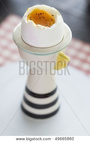 Perfect soft boiled egg on an egg cup with pepper and salt