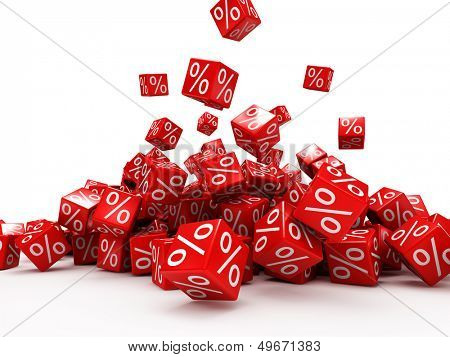 Falling red cubes with percent isolated on white background