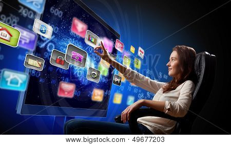 Young woman pushing icon