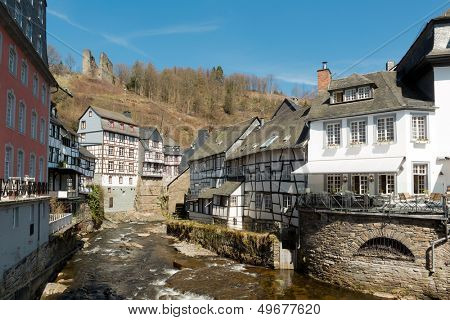 View on Monchau village center in the Eifel region of Germany