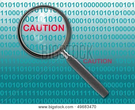 Close Up Of Magnifying Glass On Caution