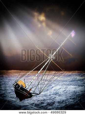 Pirate brigantine sinking out on sea