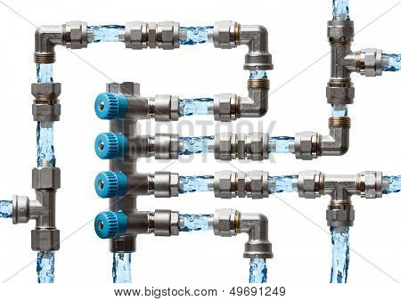 Pipes and fittings labyrinth with water, concept of water supply system in house