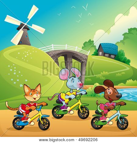 Pets are going for a ride in the countryside. Cartoon and vector illustration