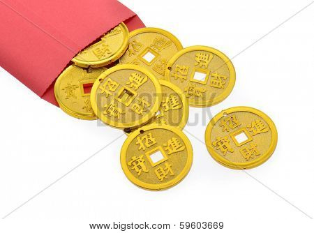 Good luck coins in a red envelope for the Chinese New Year