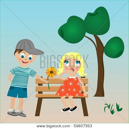 Boy giving a flower to a girl on a bench
