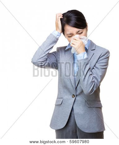 Businesswoman sneeze and feeeling dizzy