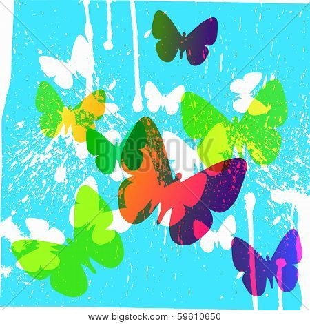 Abstract Blue Background With Colored Butterflies