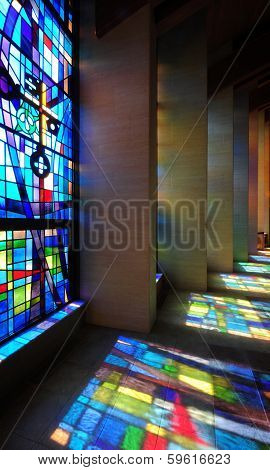 Stained glass window and reflections