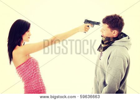 Woman with gun overpowered thug, isolated on white