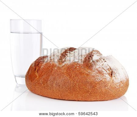 Rye bread and glass of water isolated on white