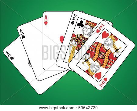 Full house of two kings and three aces on green background.  The figures are original design. 