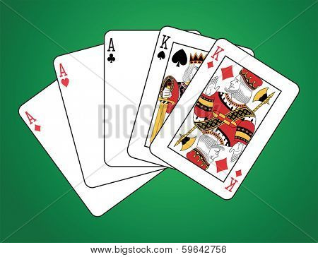 Full house of three aces and two kings on green background.  The figures are original design. 