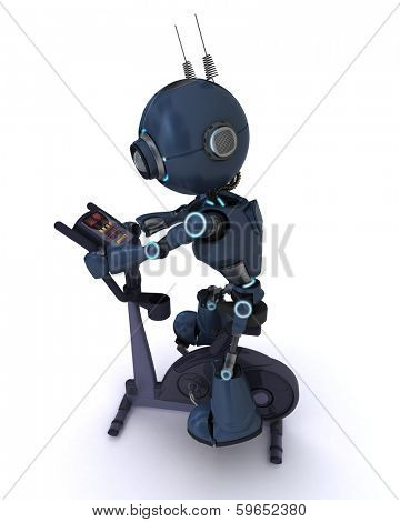 3D render of an Andriod at the gym on  an exercise bike