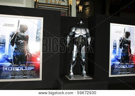 LOS ANGELES - FEB 10: Atmosphere, Poster, Statue at the premiere of Columbia Pictures' 'Robocop' at TCL Chinese Theatre on February 10, 2014 in Los Angeles, California