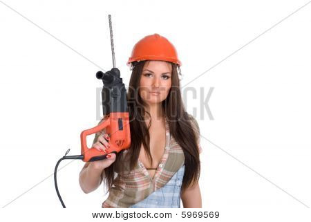 Woman in orange helmet holding hammer drill