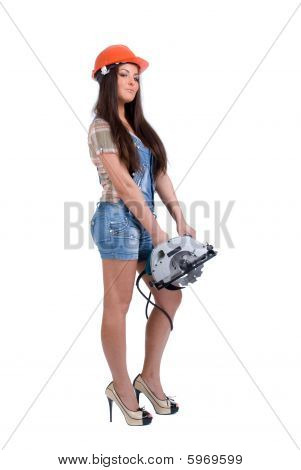 Woman in orange helmet holding circular saw