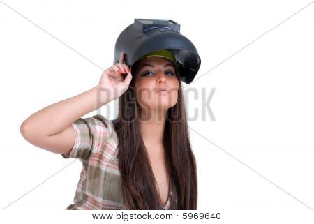 Woman in black welder mask