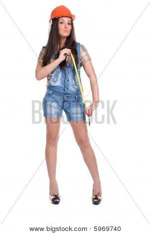 Woman in orange helmet holding tape measure