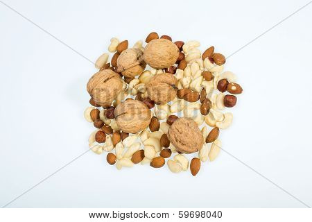 mixed nuts - hazelnuts walnuts cashews pine nuts isolated on white backgroun