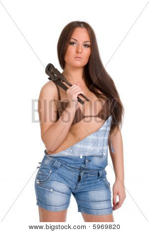 Woman holding big wrench