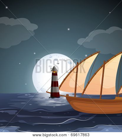 Illustration of a sea with a lighthouse and a boat