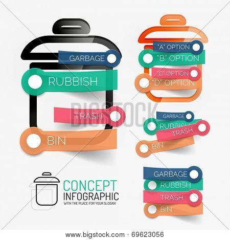 Vector rubbish bin and keywords on sticky lines infographic. Keyword tag cloud scheme on trash icons