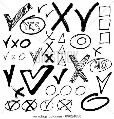 Hand drawn ?heck mark buttons. Sketch vector illustration.