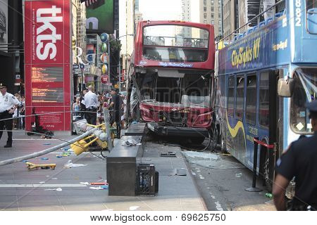 Wrecked buses on Duffy Square