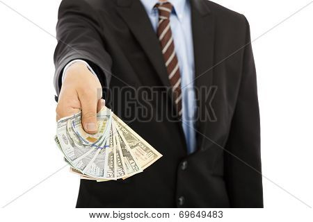 Business Man Displaying A Spread Of Us Dollar Cash