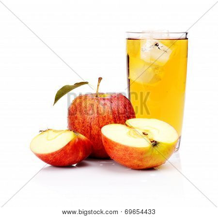 Close-up Shot Sliced Wet Red Apple Juice Ice Cubes Isolated