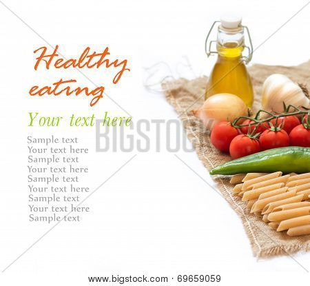 Italian Pasta With Vegetables And Olive Oil On A White Background