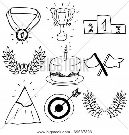 Hand drawn trophy and awards icons set