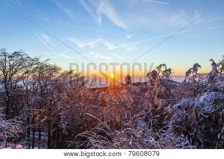 Sunrise Under The Winter Calm Mountain Landscape With Beautiful Fir Trees On Slope