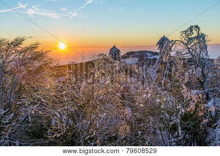 Sunrise Under The Winter Calm Mountain Landscape With Beautiful Fir Trees On Slope
