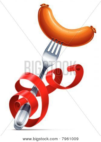 fork with sausage braided by red ribbon