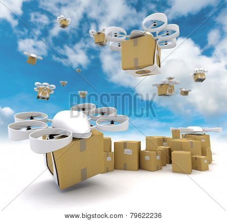 3D rendering of a group of flying drones transporting packages