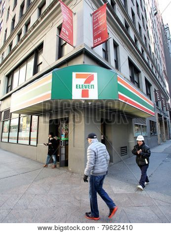 NEW YORK CITY - MONDAY, DEC. 29, 2014: 7-Eleven or 7-11 is an international chain of convenience stores. 7-Eleven is the world's largest operator of convenience stores
