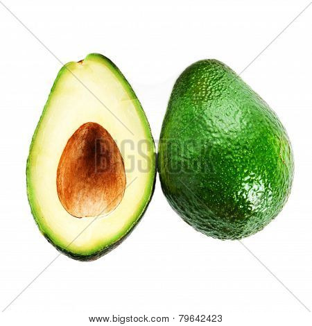 Fresh Avocado Slice And Whole Ripe Green Avocado Fruit Isolated On A White Background. Whole And Hal
