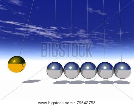 Concept or conceptual 3D metal silver and gold creative sphere Newton cradle pendulum over a sky background