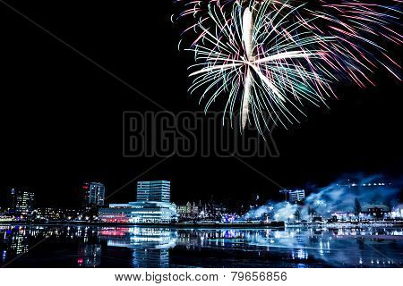 Downtown Umea, Sweden With Fireworks