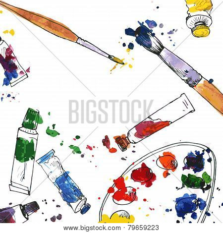 art background with palette and  brushes