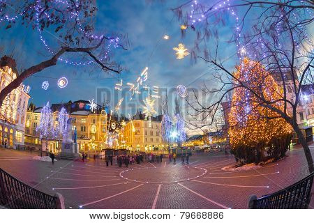 Ljubljana's city center decorated for Christmas.