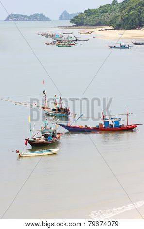 Fishing Boat In Sea In Chumphon, Thailand.