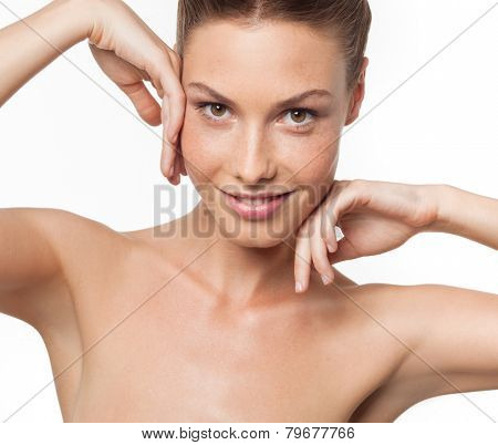 closeup portrait of attractive  caucasian smiling woman brunette isolated on white studio shot lips toothy smile face  head and shoulders looking at camera armpit axillary space