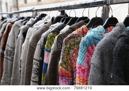 Wool Sweaters And Vintage Clothes For Sale In Open-air Flea Market