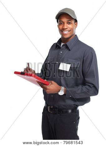 African-American postman isolated on white background