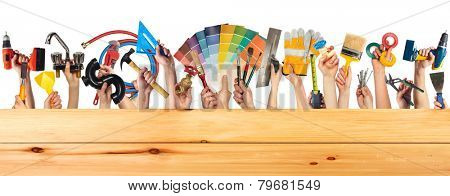 Set of construction tools. House renovation background.